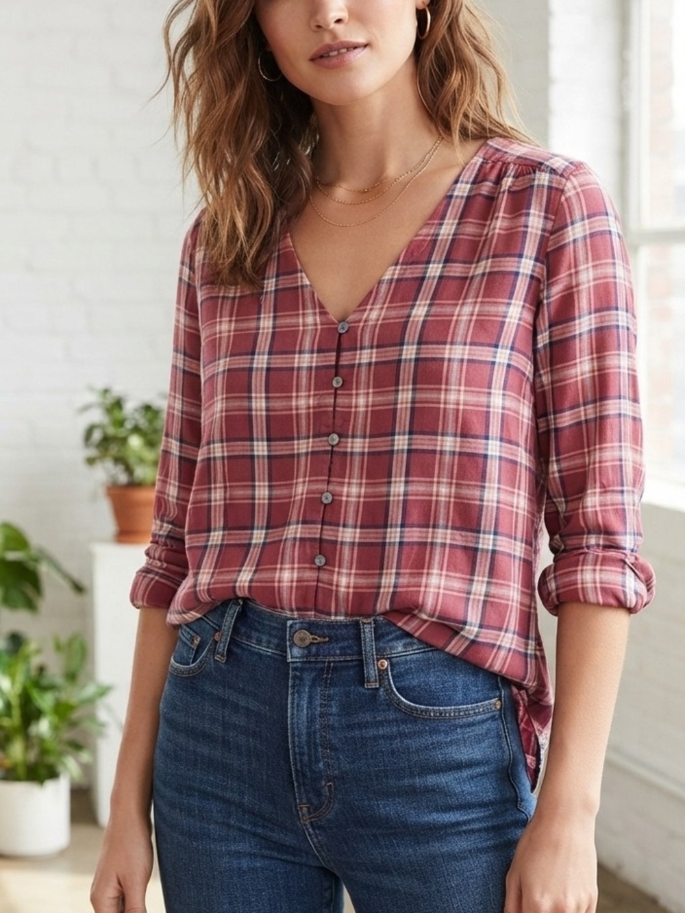Madewell Pink Plaid Button-Front V-Neck Shirt